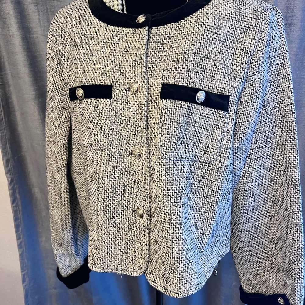 Monochrome Tweed Blazer with Black Accents